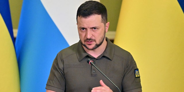Ukrainian President Volodymyr Zelensky speaks during a joint press conference with Prime Minister of Luxembourg following talks in Kyiv on June 21, 2022.
