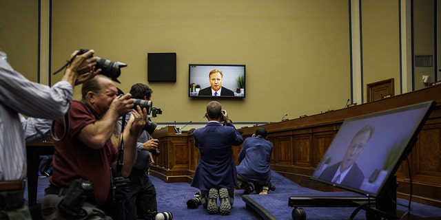 Roger Goodell, commissioner of the National Football League (NFL), center, speaks via videoconference during a House Oversight and Reform Committee hearing in Washington, D.C., US, on Wednesday, June 22, 2022. 