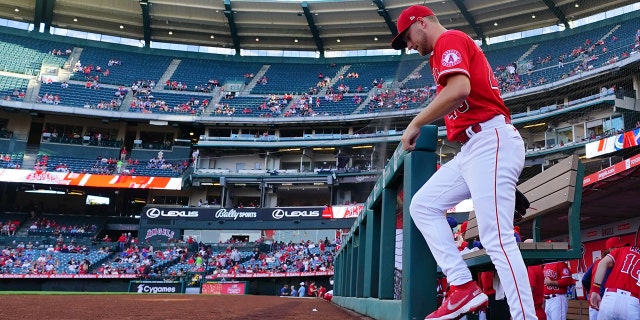 Reid Detmers of the Los Angeles Angels takes the field against the Kansas City Royals on Tuesday, June 21, 2022. 