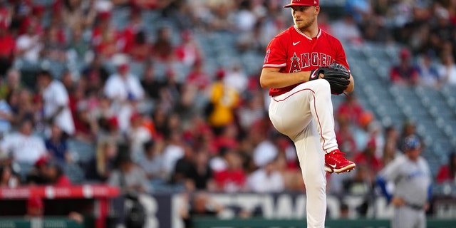 Reid Detmers of the Los Angeles Angels pitches against the Kansas City Royals on Tuesday, June 21, 2022, in Anaheim, California.