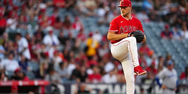 Reid Detmers of the Los Angeles Angels pitches against the Kansas City Royals on Tuesday, June 21, 2022, in Anaheim, California.