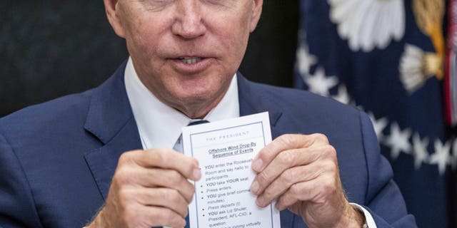 Last week, President Biden held up a note card during remarks that included detailed directions such as, ""YOU enter the Roosevelt Room and say hello to participants" and "YOU take YOUR seat."