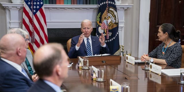 US President Joe Biden speaks while meeting with governors, labor leaders, and private companies launching the Federal-State Offshore Wind Implementation Partnership in the Roosevelt Room of the White House in Washington, D.C., US, on Thursday, June 23, 2022. The new partnership focuses on boosting the offshore wind industry to grow American-made clean energy, according to the White House. Photographer: Shawn Thew/EPA/Bloomberg via Getty Images