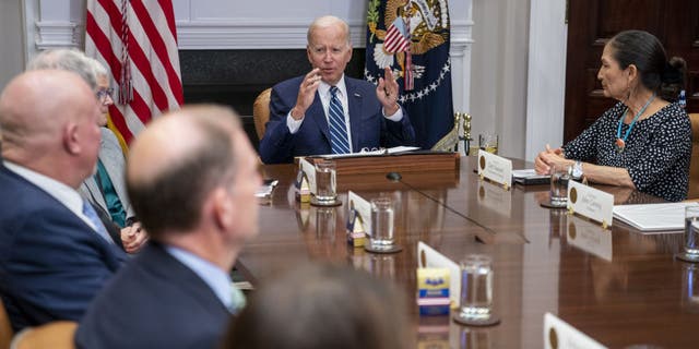US President Joe Biden speaks as he meets with governors, labor leaders and private companies launching the Federal-State Offshore Wind Power Implementation Partnership in the Roosevelt Room of the White House in Washington, D.C., US, Thursday , June 23, 2022. The new partnership focuses on boosting the offshore wind industry to increase clean energy produced in the United States, according to the White House. Photographer: Shawn Thew/EPA/Bloomberg via Getty Images