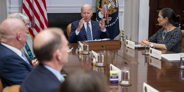 US President Joe Biden speaks while meeting with governors, labor leaders, and private companies launching the Federal-State Offshore Wind Implementation Partnership in the Roosevelt Room of the White House in Washington, D.C., US, on Thursday, June 23, 2022. The new partnership focuses on boosting the offshore wind industry to grow American-made clean energy, according to the White House. Photographer: Shawn Thew/EPA/Bloomberg via Getty Images