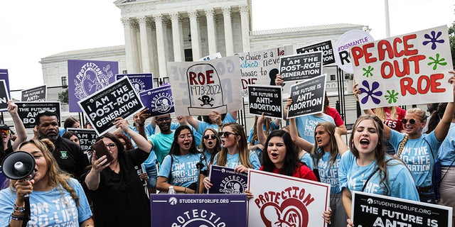 Pro-life demonstrators outside the US Supreme Court in Washington, D.C., US, on Friday, June 24, 2022.