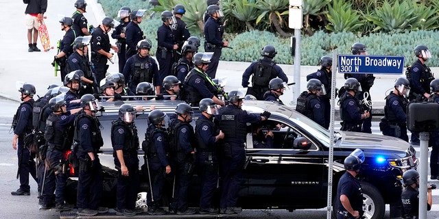 Los Angeles police block access to demonstrators on the 110 Freeway after the Supreme Court overturned Roe vs. Wade on Friday, June 24, 2022.