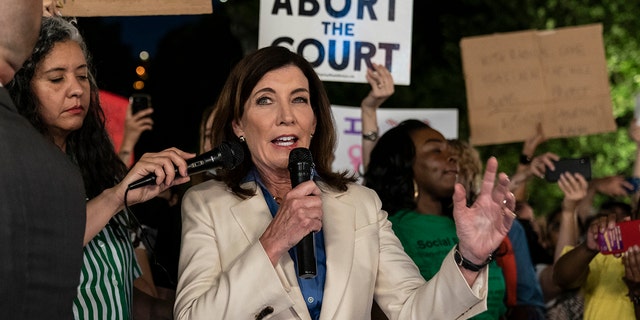 New York Gov. Kathy Hochul speaks as hundreds protesters gathered on Union Square to protest against Supreme Court decision to overturn Roe vs Wade. 