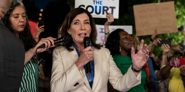 NEW YORK, UNITED STATES - 2022/06/24: Governor Kathy Hochul speaks as hundreds protesters gathered on Union Square to protest against Supreme Court decision to overturn Roe vs Wade effectively banning abortions in the US.