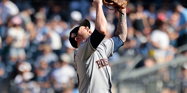 Ryan Pressly #55 of the Houston Astros reacts after the final out of a combined no hitter against the New York Yankees at Yankee Stadium on June 25, 2022 in the Bronx borough of New York City. 