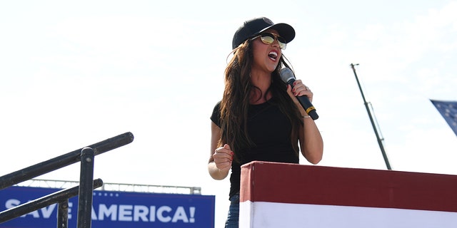 Rep. Lauren Boebert, R-Colo., gives remarks during a Save America Rally with former President Donald Trump at the Adams County Fairgrounds on June 25, 2022, in Mendon, Illinois.