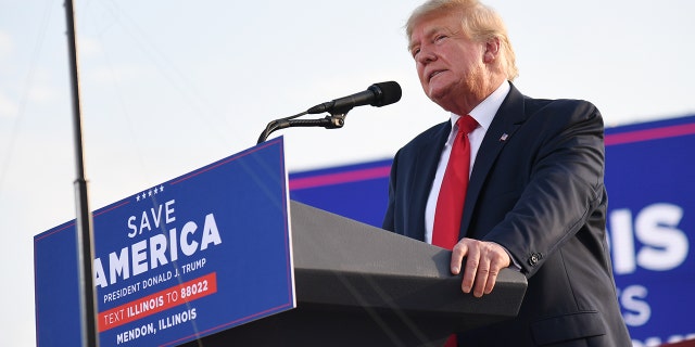 Former US President Donald Trump gives remarks during a Save America Rally at the Adams County Fairgrounds on June 25, 2022 in Mendon, Illinois. (Photo by Michael B. Thomas/Getty Images)