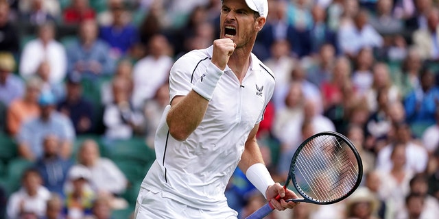 Andy Murray reacts during his match against James Duckworth at Wimbledon on Monday, June 27, 2022.