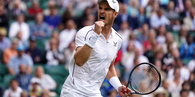 Andy Murray reacts during his match against James Duckworth at Wimbledon on Monday, June 27, 2022.