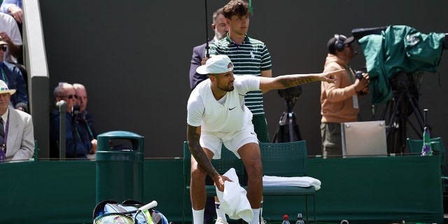 Nick Kyrgios gestures during his match against Paul Jubb at the All England Lawn Tennis and Croquet Club, Wimbledon.