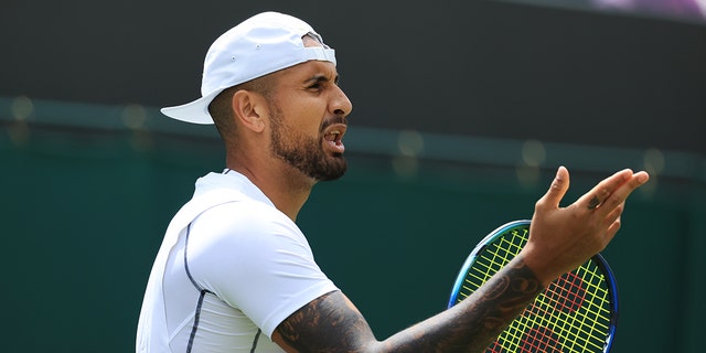Nick Kyrgios gestures during the Wimbledon Championships at the All England Lawn Tennis and Croquet Club on June 28, 2022 in London.