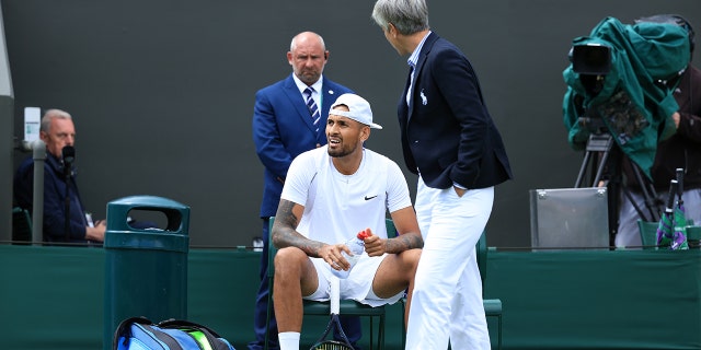 Nick Kyrgios (AUS) complains during his Gentlemen's Singles 1st Round match against Paul Jubb (GBR) during day two of The Championships Wimbledon 2022 at All England Lawn Tennis and Croquet Club on June 28, 2022 in London, England. 