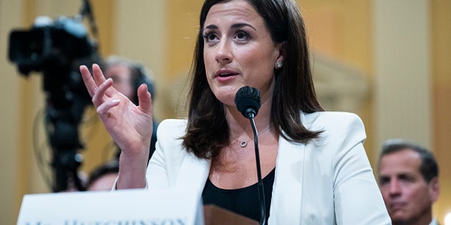 Cassidy Hutchinson, an aide to former White House Chief of Staff Mark Meadows, testifies during the Select Committee to Investigate the January 6th Attack on the United States Capitol hearing to present previously unseen material and hear witness testimony .