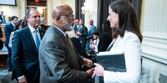 Washington, DC - June 28 : Chairman Bennie Thompson, D-Miss., speaks with Cassidy Hutchinson, former aide to Trump White House chief of staff Mark Meadows, after testifying at a hearing as the House select committee investigating the Jan. 6 attack on the U.S. Capitol continues to share findings of its investigation, on Capitol Hill on Tuesday, June 28, 2022 in Washington, DC. (Photo by Jabin Botsford/The Washington Post via Getty Images)