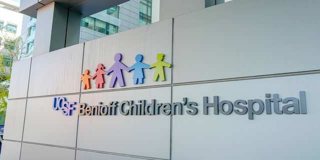 Facade with logo at UCSF Benioff Children's Hospital, San Francisco, California, April 18, 2021. 