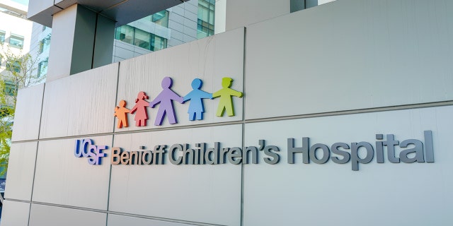 Facade with logo at UCSF Benioff Children's Hospital, San Francisco, California, April 18, 2021. 