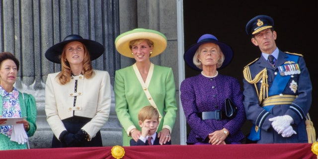 Princess Margaret, Sarah, Princess Diana with Prince Harry, Katharine, Duchess of Kent, and Prince Edward, as members of the Royal Family watch a fly-past. Prince Harry stood with his mother.