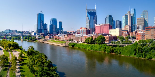 Skyline view from drone of downtown Nashville, Tennessee