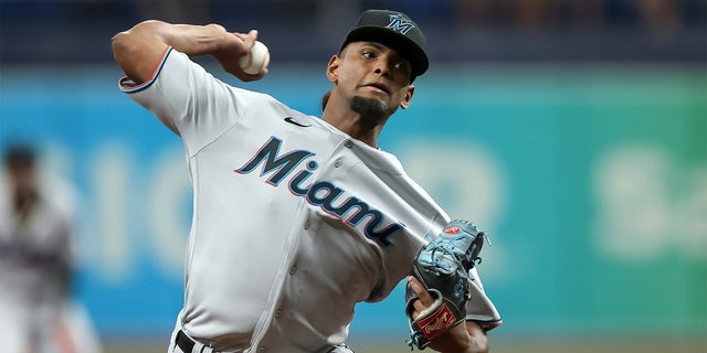 Edward Cabrera #79 of the Miami Marlins throws against the Tampa Bay Rays in the first inning of a baseball game at Tropicana Field on September 24, 2021 in St. Petersburg, Florida. 