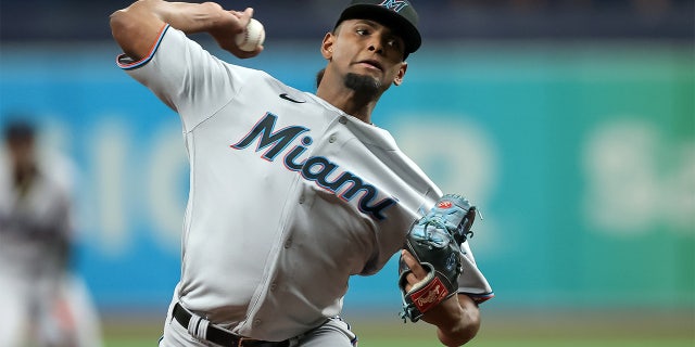 Edward Cabrera #79 of the Miami Marlins throws against the Tampa Bay Rays in the first inning of a baseball game at Tropicana Field on September 24, 2021 在圣. 彼得堡, 佛罗里达.