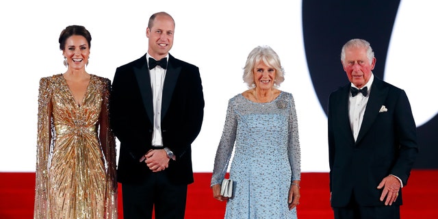 Catherine, Duchess of Cambridge, Prince William, Camilla, Duchess of Cornwall and Prince Charles attend the "No Time To Die" world premiere at the Royal Albert Hall on Sept. 28, 2021, in London.