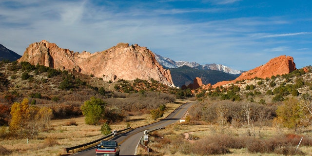 A view of the Rocky Mountains from the Garden of the Gods in Colorado Springs, Colorado. (Dukas Group/Universal Images via Getty Images)