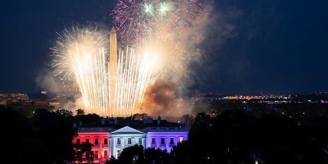 Fourth of July fireworks launched behind the White House in Washington, D.C., show, circa 2020.