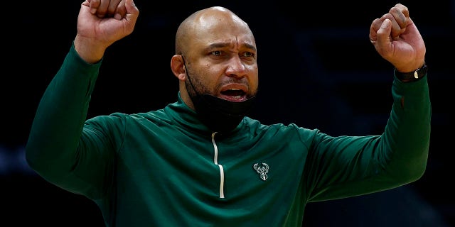 Acting head coach Darvin Ham of the Milwaukee Bucks reacts during the second half of a game against the Charlotte Hornets at Spectrum Center Jan. 8, 2022, in Charlotte, N.C.