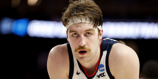Drew Timme of the Gonzaga Bulldogs reacts against the Arkansas Razorbacks at Chase Center on March 24, 2022, in San Francisco. 