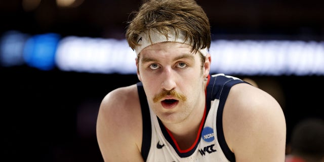 Drew Timme of the Gonzaga Bulldogs reacts against the Arkansas Razorbacks at Chase Center on March 24, 2022, in San Francisco. 