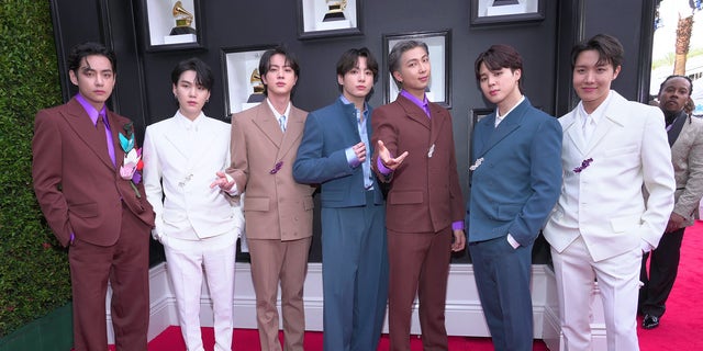 Suga, Jin, Jungkook, RM, Jimin and J-Hope of BTS attend the 64th Annual GRAMMY Awards at MGM Grand Garden Arena on April 03, 2022, in Las Vegas, Nevada. K-pop group BTS announced Tuesday they would be taking a hiatus period to focus on their solo careers after nearly 10 years together. 