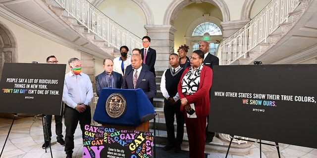 New York City Mayor Eric Adams, Elisa Crespo, executive director, NEW Pride Agenda and Kevin Jennings, CEO, Lambda Legal; and founder, Gay, Lesbian and Straight Education Network announce the launch of digital billboards and creative ads supporting LGBTQ+ community on April 4, 2022, in New York City. 