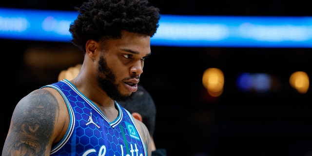 Miles Bridges, #0 of the Charlotte Hornets, reacts during the second half against the Atlanta Hawks at State Farm Arena on April 13, 2022 in Atlanta, Georgia. 