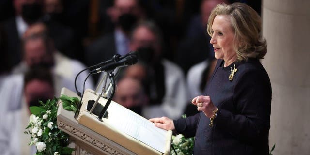 Former US Secretary of State Hillary Clinton speaks at the funeral service of former Secretary of State Madeleine Albright at the Washington National Cathedral in Washington, DC, on April 27, 2022. 