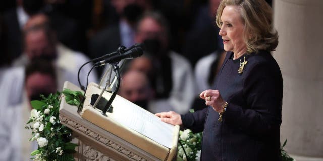 Former US Secretary of State Hillary Clinton speaks at the funeral service of former Secretary of State Madeleine Albright at the Washington National Cathedral in Washington, DC, on April 27, 2022. 