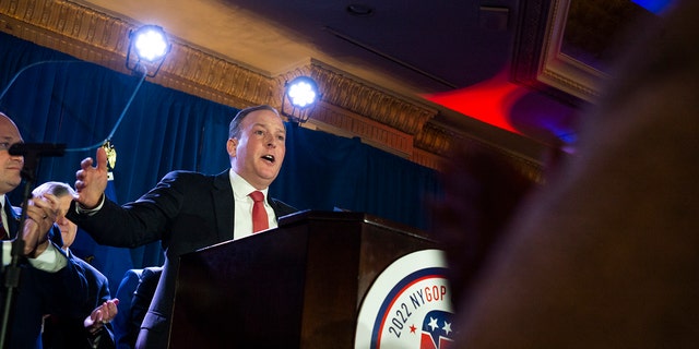 Garden City, N.Y.: Republican Party nominee for New York State Governor, Lee Zeldin, speaks at the party's convention in Garden City, New York, on March 1, 2022. 