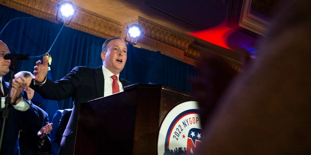 Garden City, NY: Republican Party nominee for New York State Governor, Lee Zeldin, speaks at the party's convention in Garden City, New York, on March 1, 2022. 