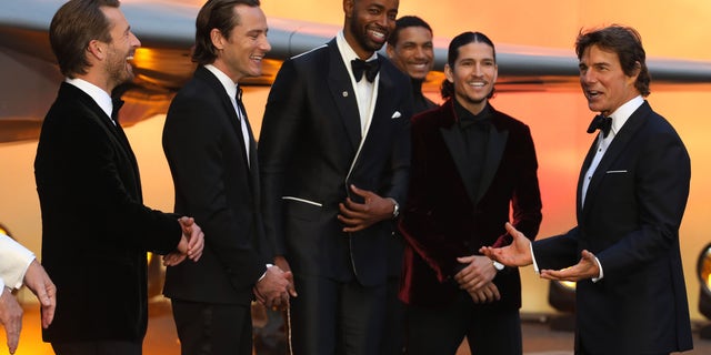 Glen Powell, Lewis Pullman, Jay Ellis, Danny Ramirez and Tom Cruise attend the Royal Film Performance and UK Premiere of "Top Gun: Maverick" at Leicester Square on May 19, 2022 in London, England. 