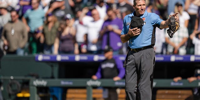 Umpire Angel Hernandez during a Colorado Rockies-Miami Marlins game at Coors Field on May 30, 2022, in Denver.