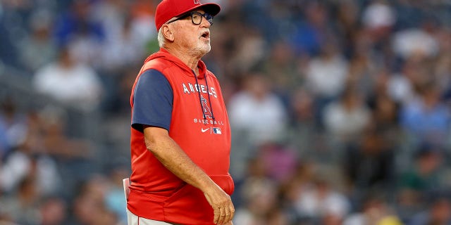 Manager Joe Maddon #70 of the Los Angeles Angels pulls starting pitcher Noah Syndergaard from the game in the third inning against the New York Yankees at Yankee Stadium on May 31, 2022 in the Bronx borough of New York City.
