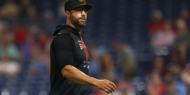 San Francisco Giants manager Gabe Kapler #19 in action during a game against the Philadelphia Phillies at Citizens Bank Park on May 31, 2022 in Philadelphia, Pennsylvania. 
