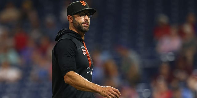 Manager Gabe Kapler #19 of the San Francisco Giants in action during a game against the Philadelphia Phillies at Citizens Bank Park on May 31, 2022 in Philadelphia, Pennsylvania.