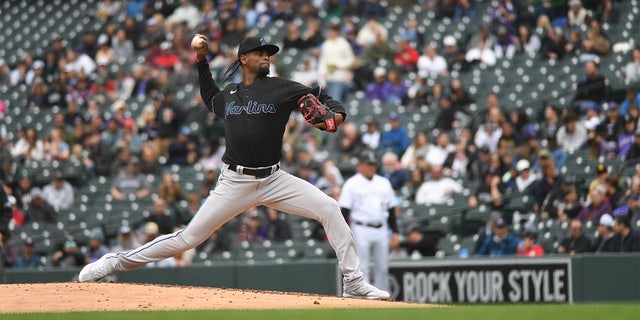 Miami Marlins starting pitcher Edward Cabrera (27) got a win for the day at Coors Field on June 1, 2022 in Denver, Colorado.