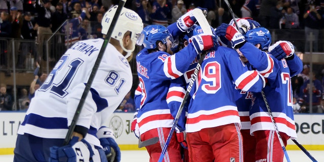 The Rangers celebrate after a second-period goal during the Eastern Conference Finals on June 1, 2022, in New York City.