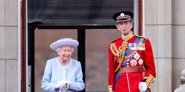 Queen Elizabeth and Prince Edward, Duke of Kent, on the balcony of Buckingham Palace during the Trooping the Colour parade.
